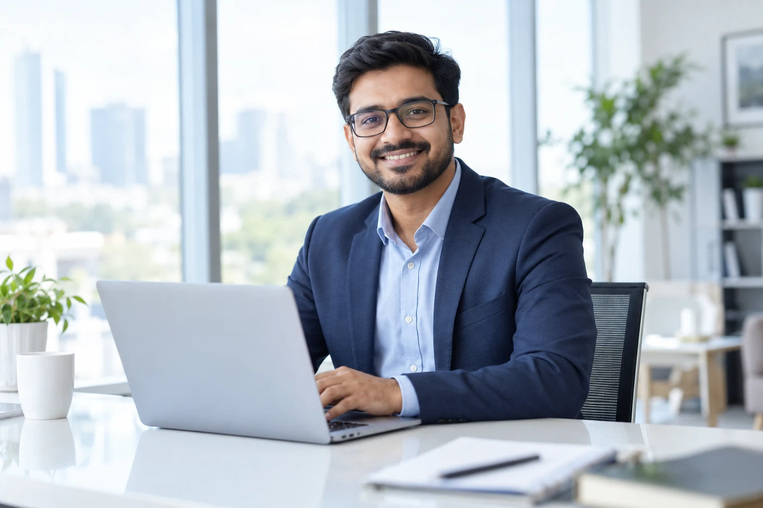 Entrepreneur building a business at his laptop