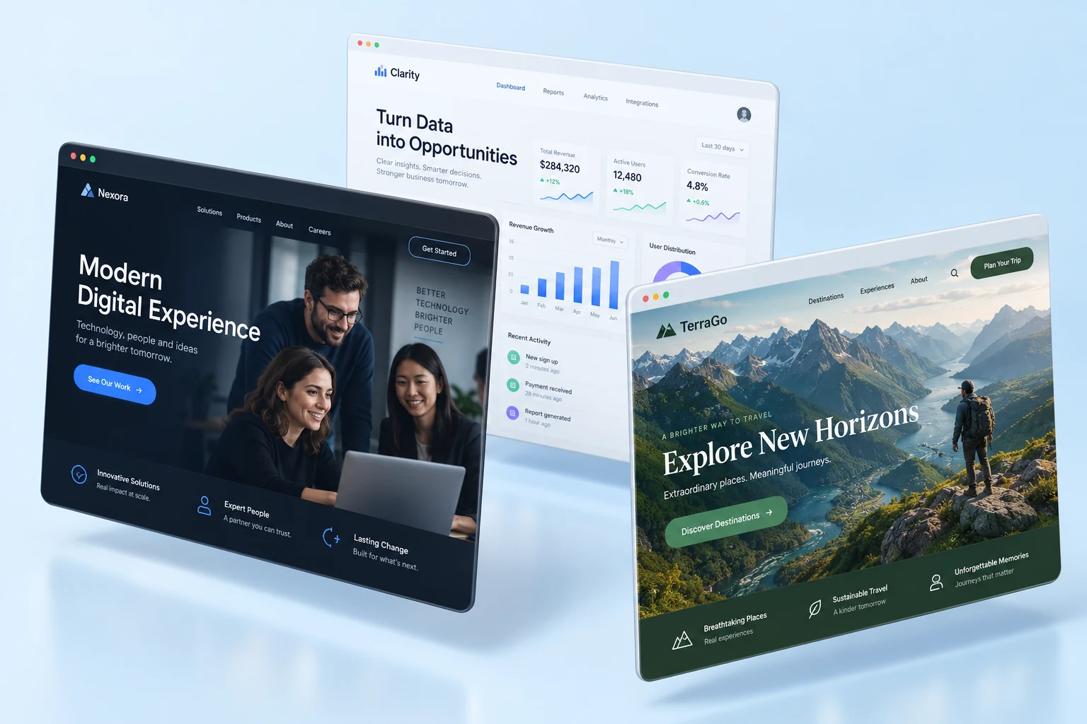 Overlapping business, technology and travel website mockups
